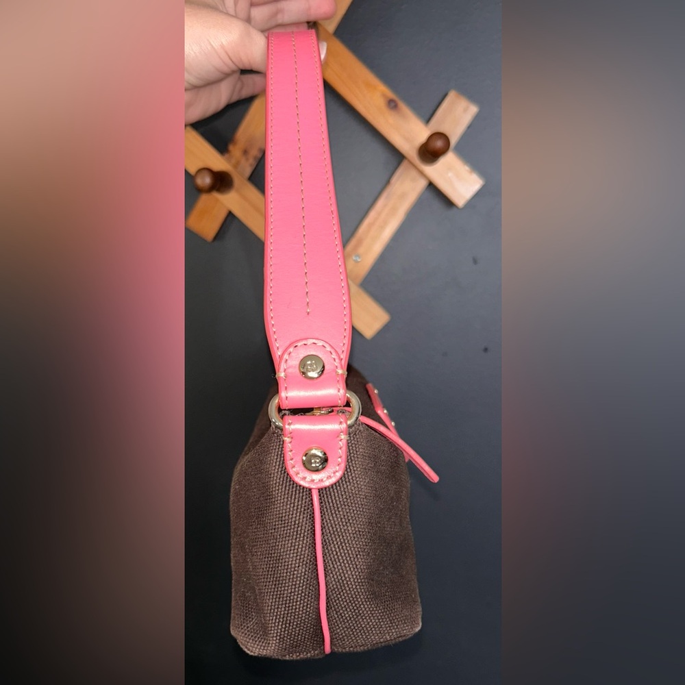 Vintage Kate Spade Mini Bag Brown Canvas with Pink Leather Trim & HelloKitty Tag - Picture 9 of 16